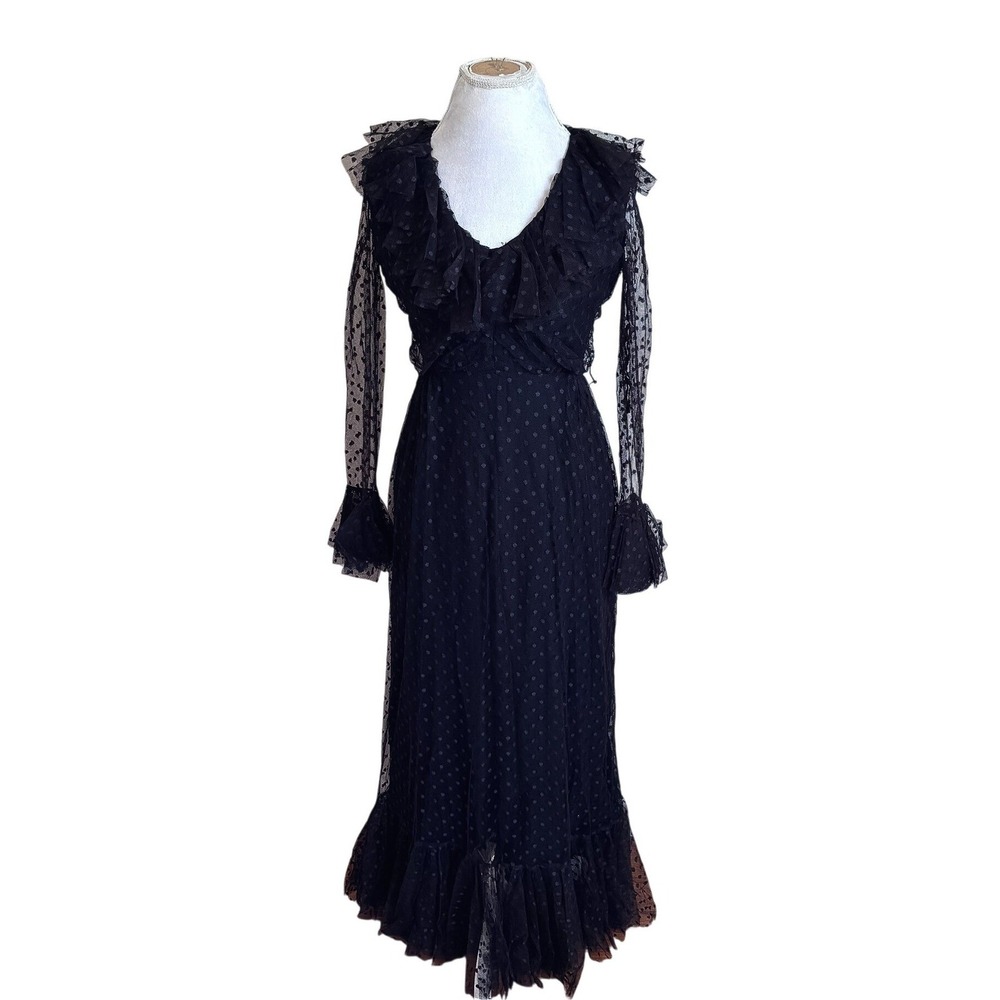 Vera Hicks Vintage 60s Sheer Mesh Swiss Dot Dress Medium Black Ruffle Whimsigoth